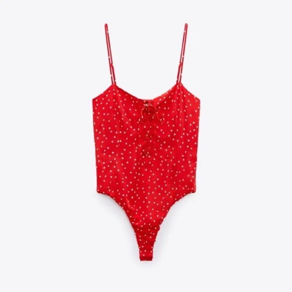 NWT Zara Red & White Star Print Satin Lace Up Bodysuit - Picture 3 of 13